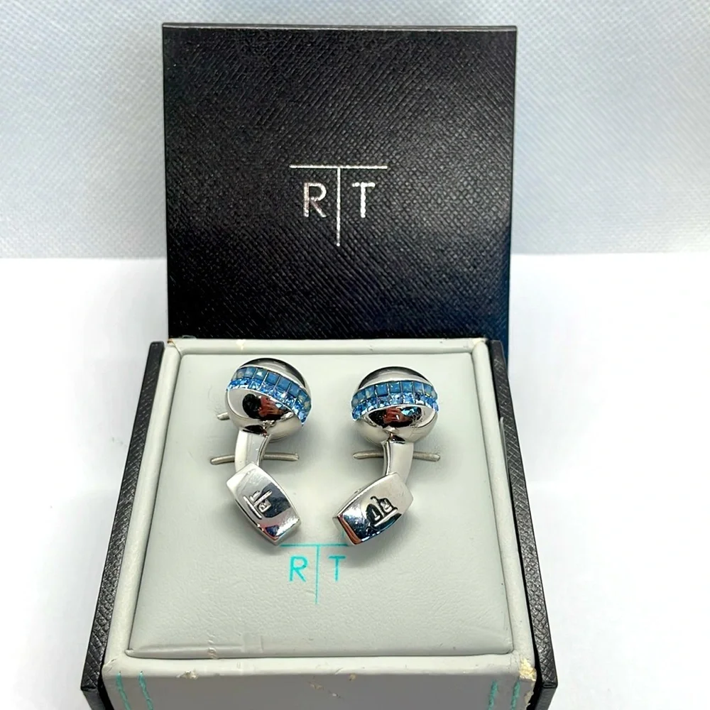 R|T by Robert Tateossian London Swarovski Blue Crystal Cufflinks Rhodium w Box